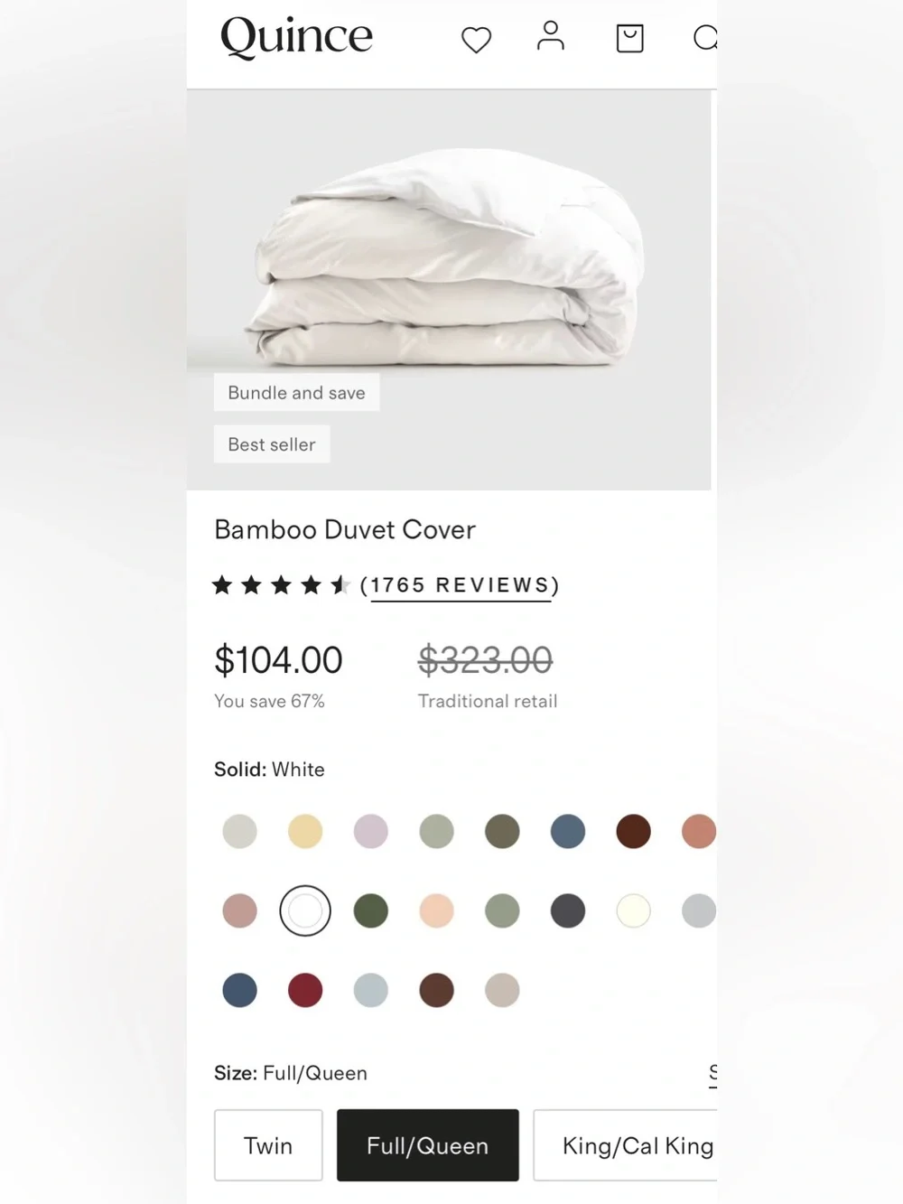 NWOT Quince Bamboo 1 Piece Duvet Cover, Full/Queen (White)